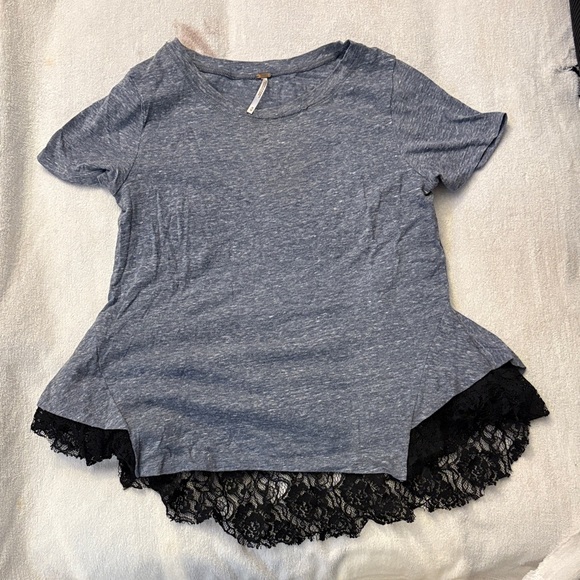 Free People Tops - Free People Blue Tee with Black Lace Trim